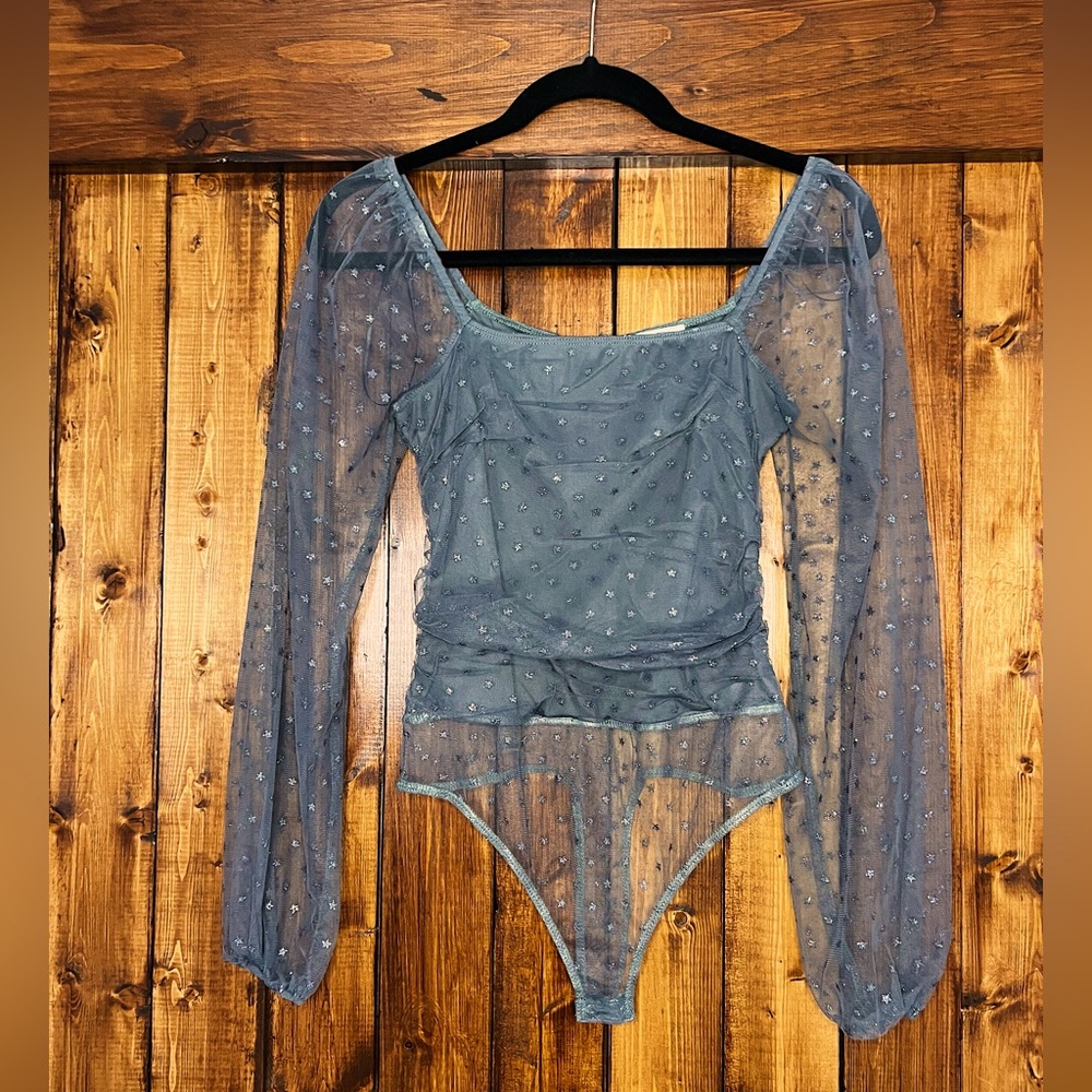 Le Lis, dark gray bodysuit with sparkly stars, small